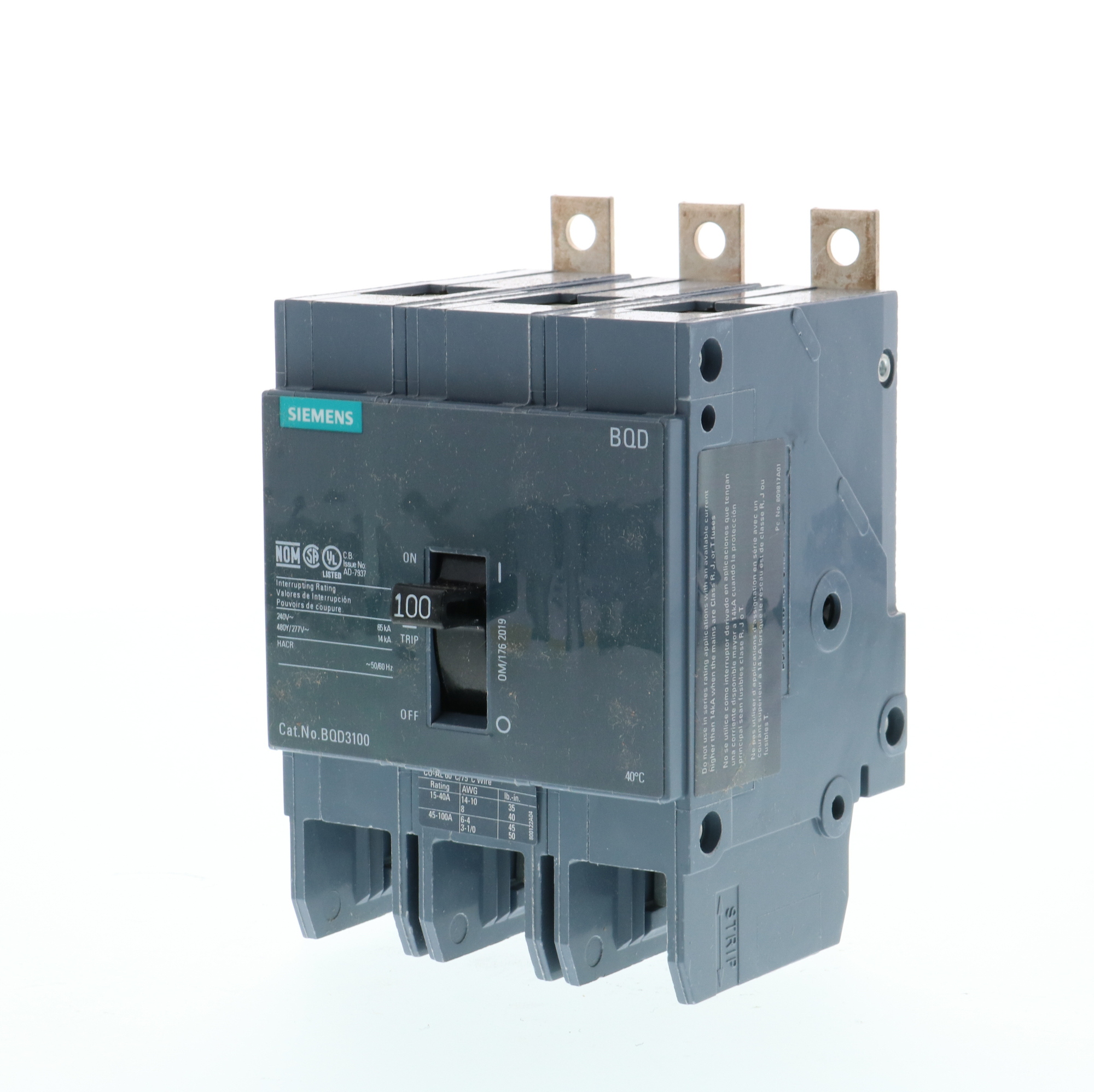 BQD3100 Type BQD Molded Case Circuit Breaker, 277/480 V AC, 100 A, 14 kA Interrupt, 3 Poles, Thermal Magnetic Trip