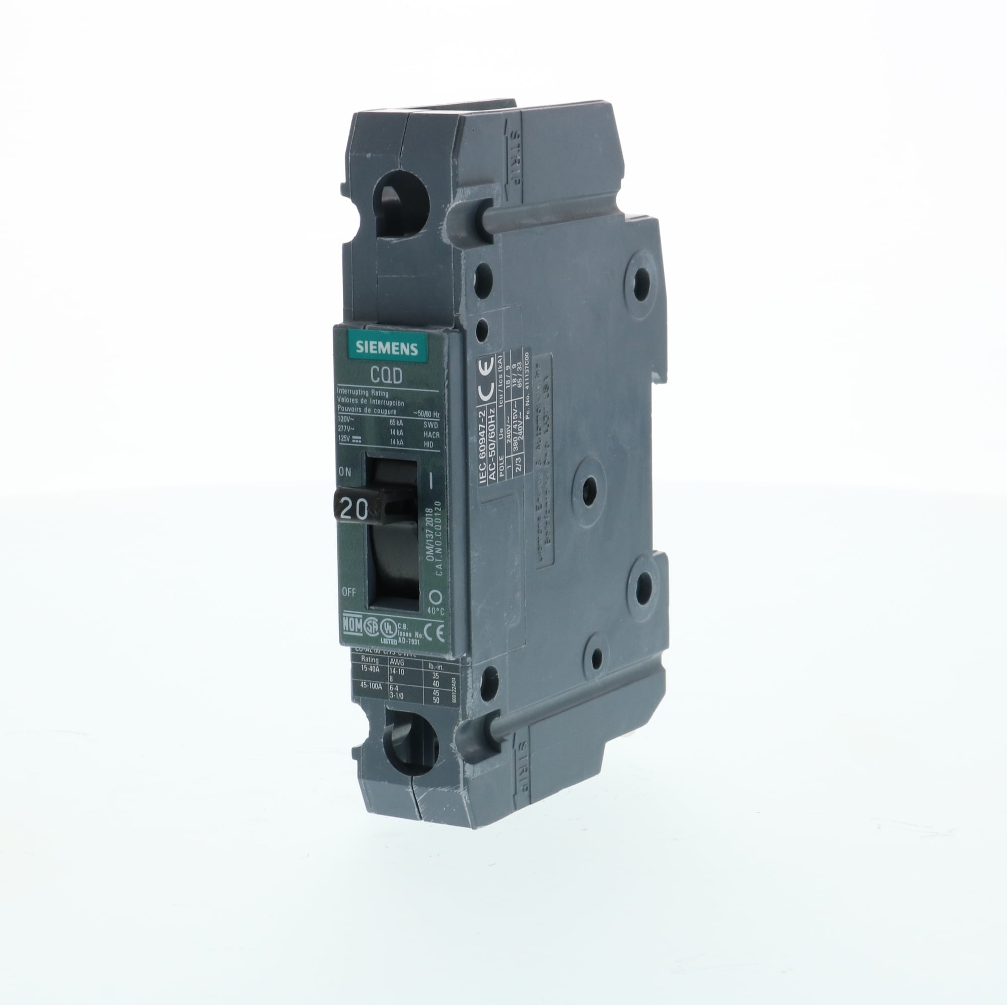 CQD120 Type CQD Low Voltage Molded Case Circuit Breaker, 277 V AC, 20 A, 14 kA Interrupt, 1 Poles, Thermal Magnetic Trip