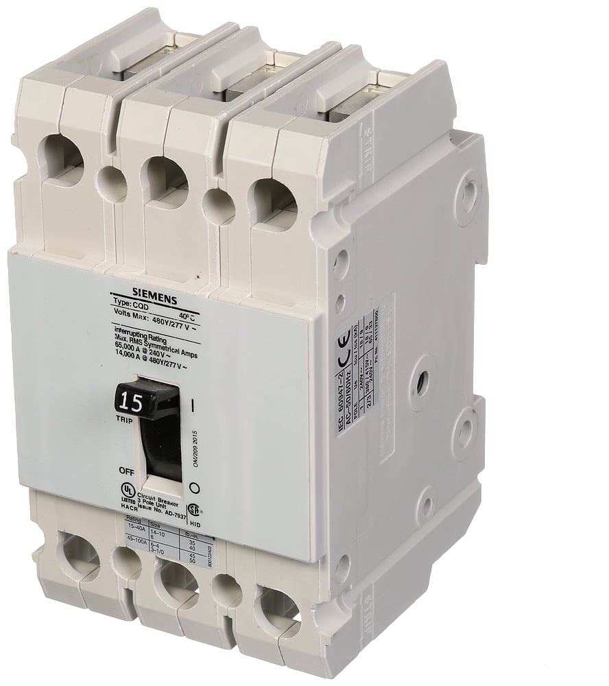 CQD315 Type CQD Molded Case Circuit Breaker, 277/480 V AC, 15 A, 14 kA Interrupt, 3 Poles, Thermal Magnetic Trip