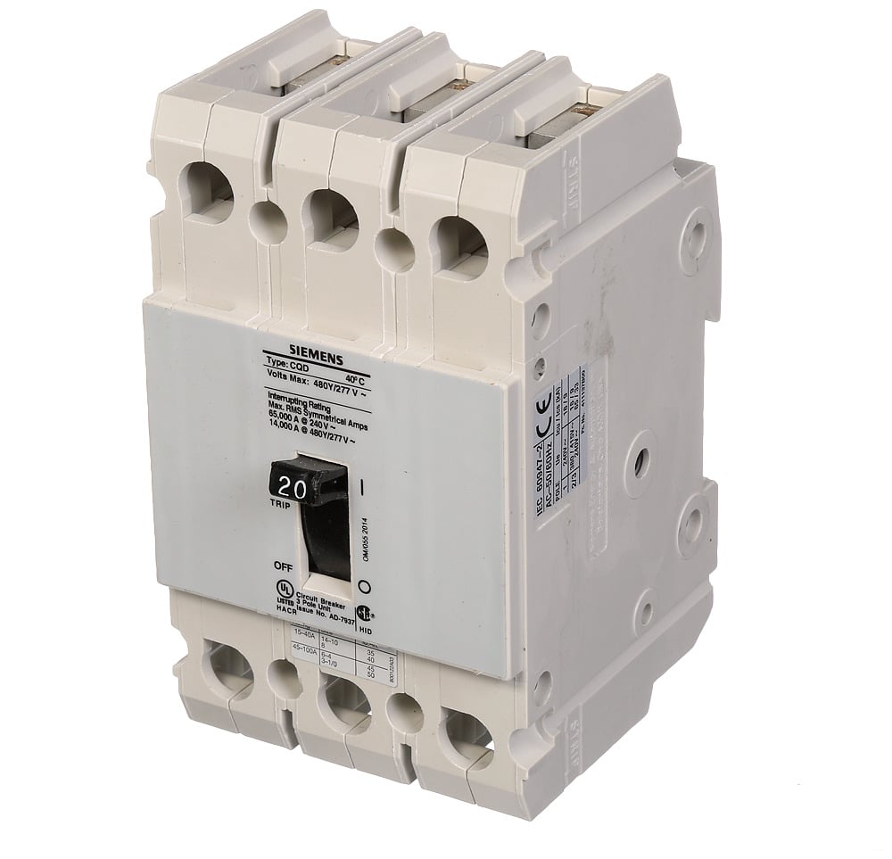 CQD320 Type CQD Low Voltage Molded Case Circuit Breaker, 277/480 V AC, 20 A, 14 kA Interrupt, 3 Poles, Thermal Magnetic Trip