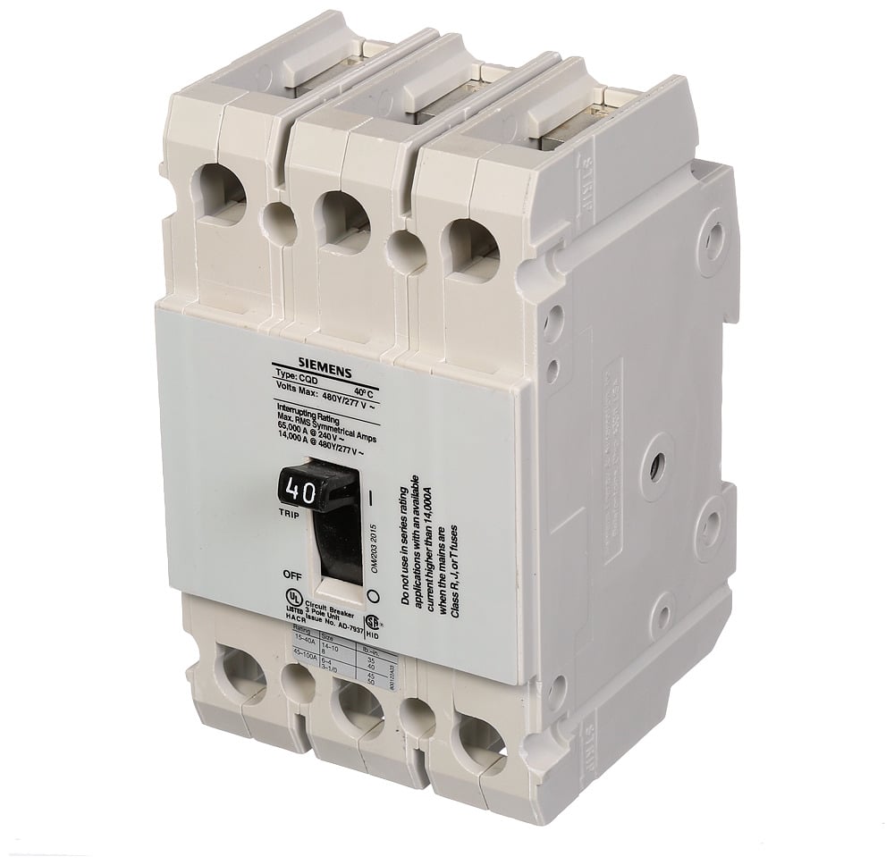 CQD340 Type CQD Low Voltage Molded Case Circuit Breaker, 277/480 V AC, 40 A, 14 kA Interrupt, 3 Poles, Thermal Magnetic Trip
