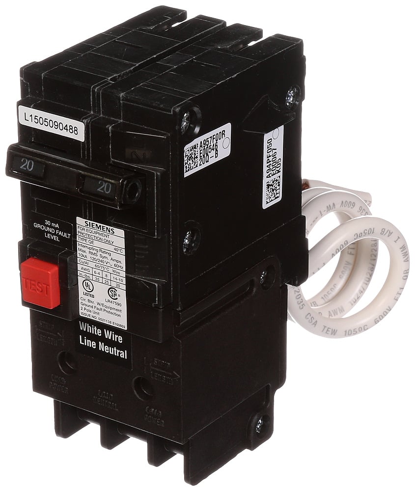 QE220 Type QE Low Voltage Miniature Residential Molded Case Circuit Breaker, 120/240 V AC, 20 A, 10 kA Interrupt, 2 Poles, Thermal Magnetic Trip