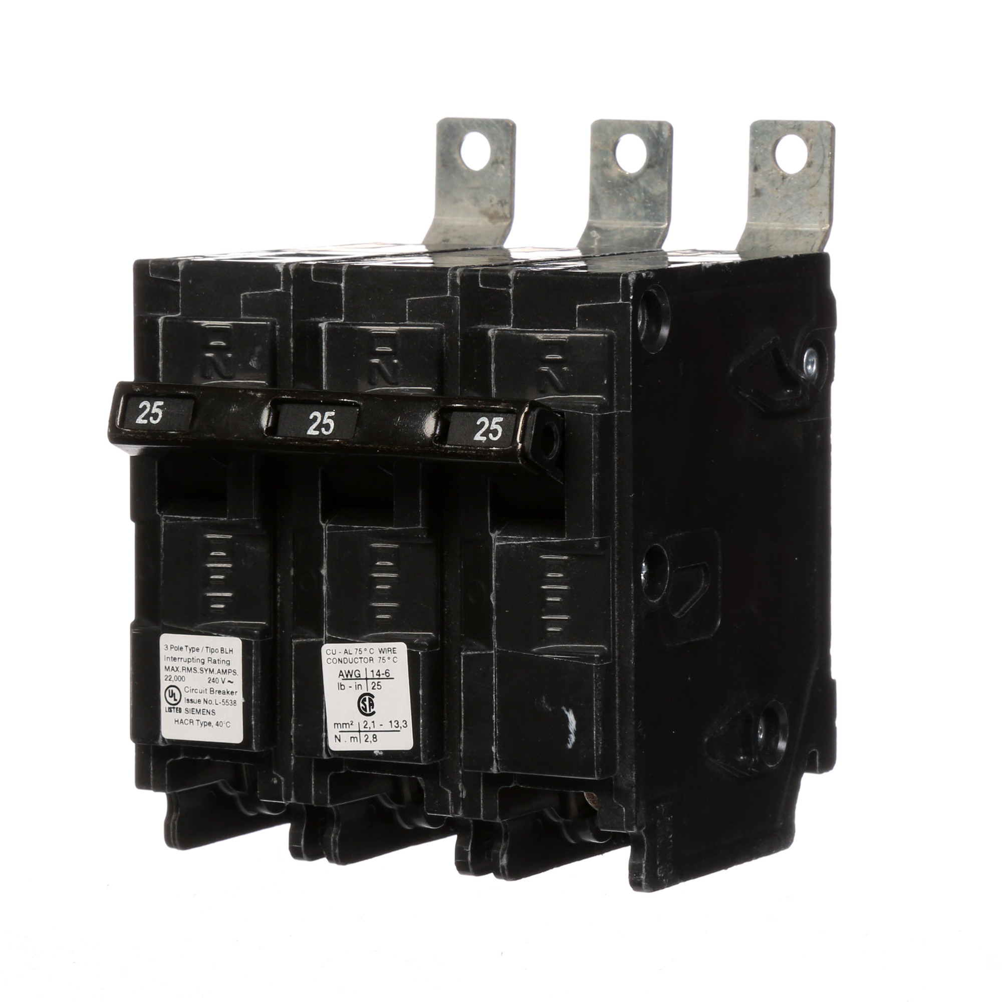 B325H Type BLH Low Voltage Molded Case Circuit Breaker, 240 V AC, 25 A, 22 kA Interrupt, 3 Poles, Thermal Magnetic Trip