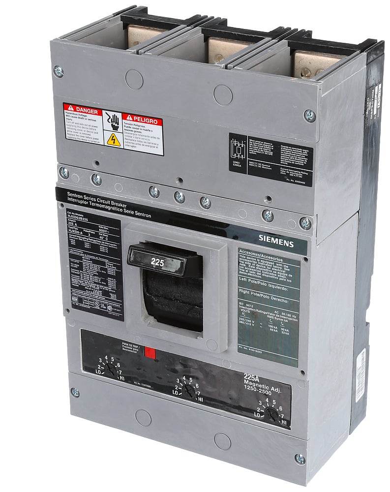 HJXD63B225 Low Voltage Molded Case Circuit Breaker, 600 V AC/500 V DC, 225 A, 35 kA Interrupt, 3 Poles, Thermal Magnetic Trip