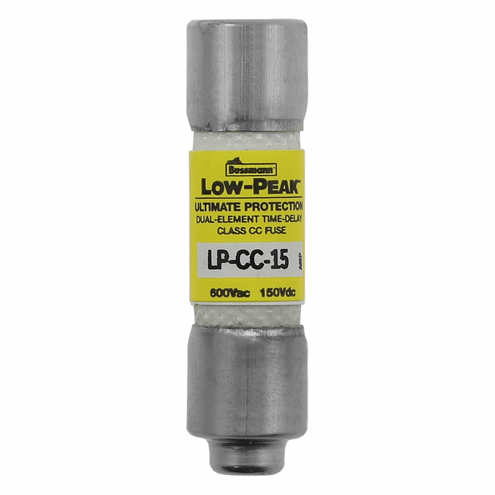 LP-CC-15 Low-Peak Current Limiting Time Delay Fuse, 15 A, 600 V AC/150 V DC, 200/20 kAIC Interrupt, CC Class, Cylindrical Body