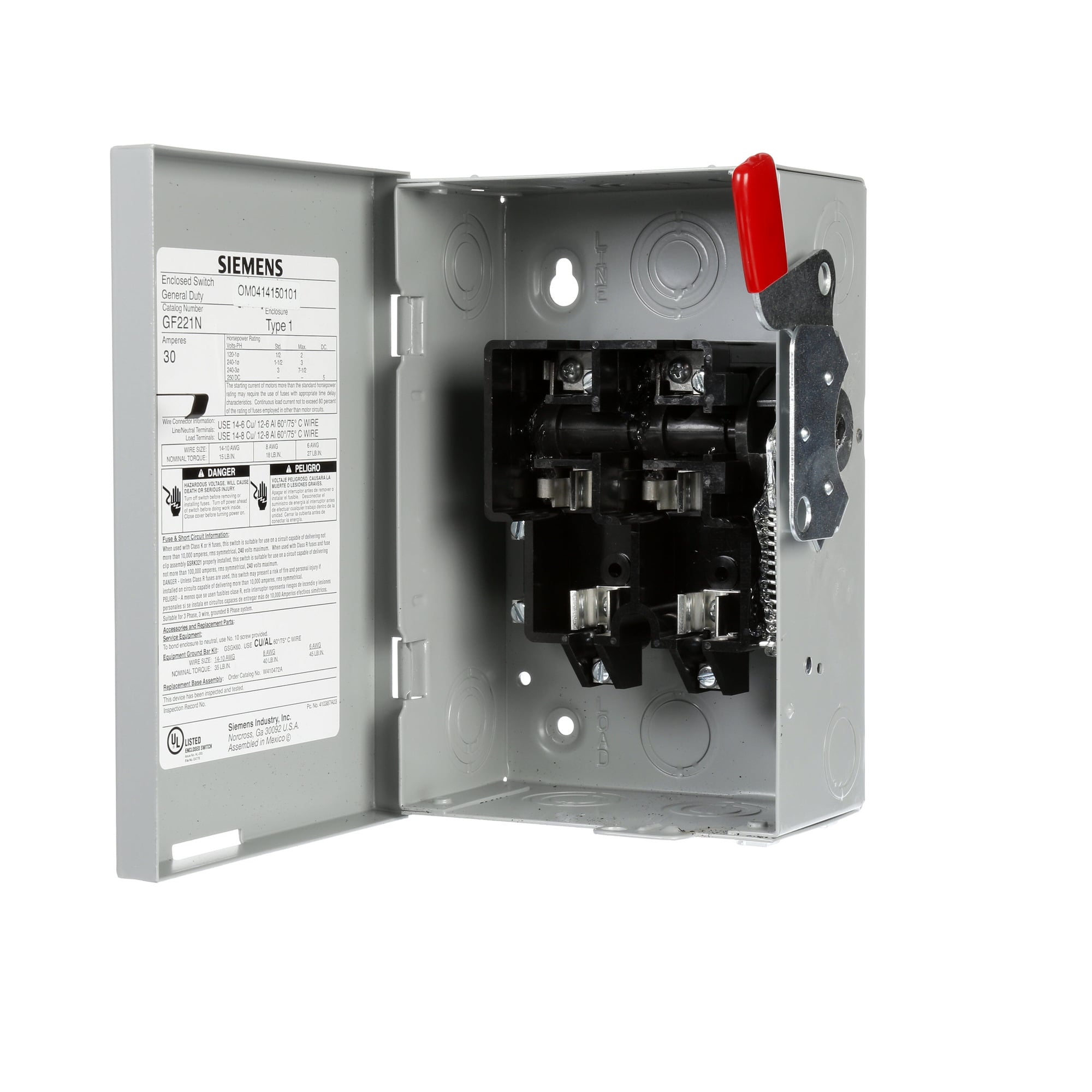 GF221N Enclosed Fusible General Duty Safety Switch With Neutral, 240 V AC, 30 A, 3 hp, DPST Contact, 2 Poles