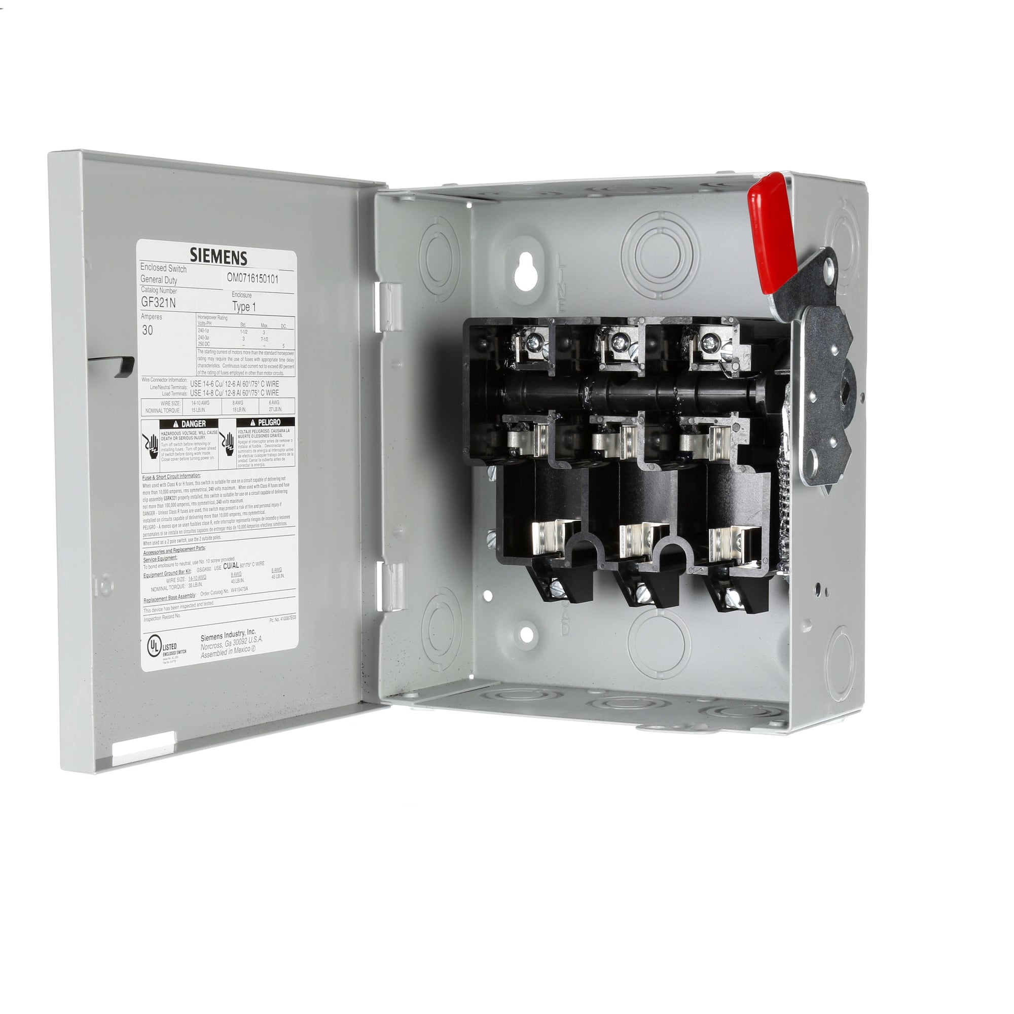 GF321N Enclosed Fusible Low Voltage General Duty Safety Switch With Neutral, 240 VAC, 30 A, 1-1/2 hp, 5 hp, 3PST Contact, 3 Poles