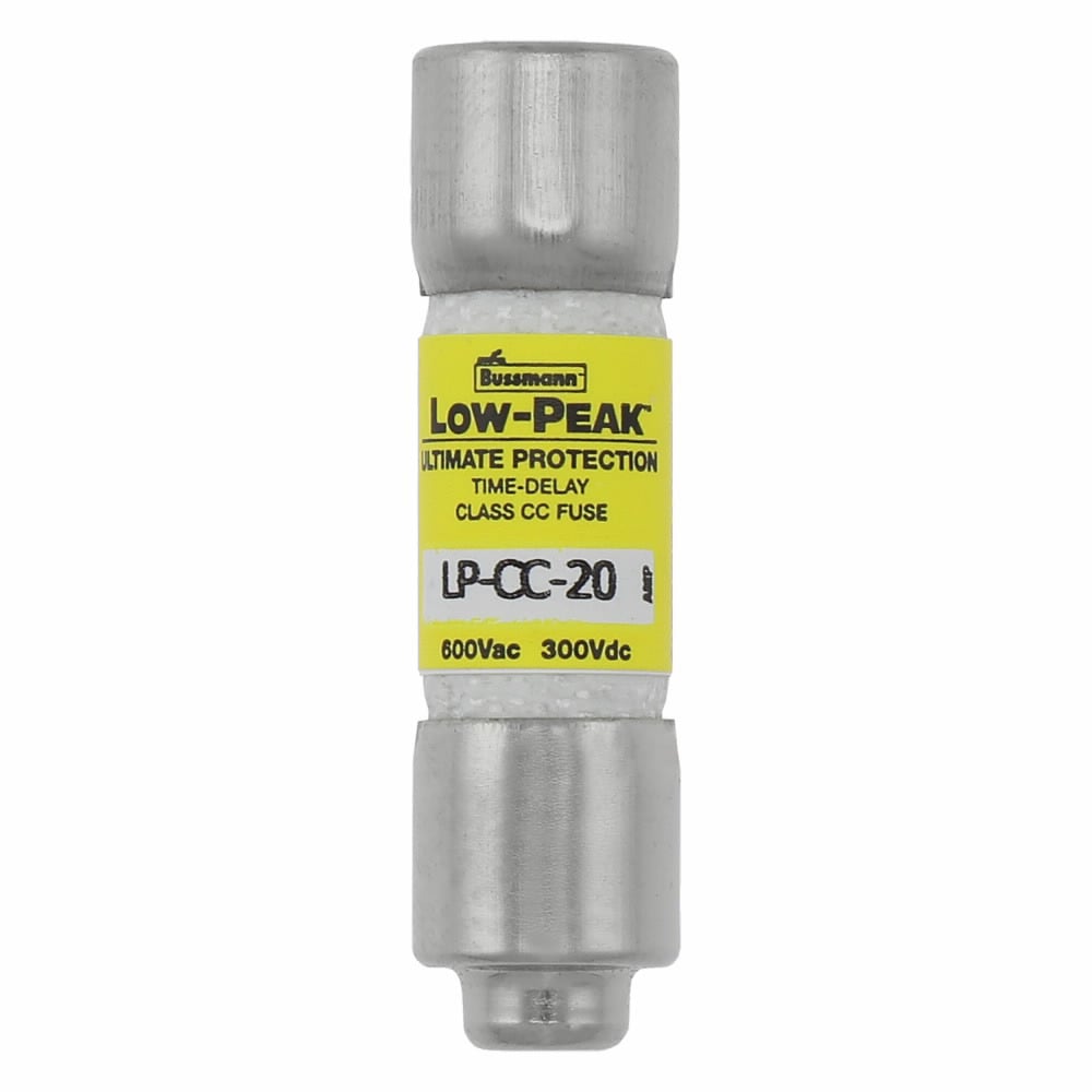 LP-CC-20 Low-Peak Current Limiting Time Delay Fuse, 20 A, 600 V AC/300 V DC, 200/20 kAIC Interrupt, CC Class, Cylindrical Body