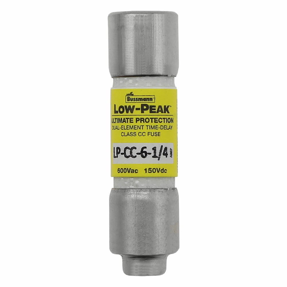 LP-CC-6-1/4 Low-Peak Current Limiting Time Delay Fuse, 6.25 A, 600 V AC/150 V DC, 200/20 kAIC Interrupt, CC Class, Cartridge Body