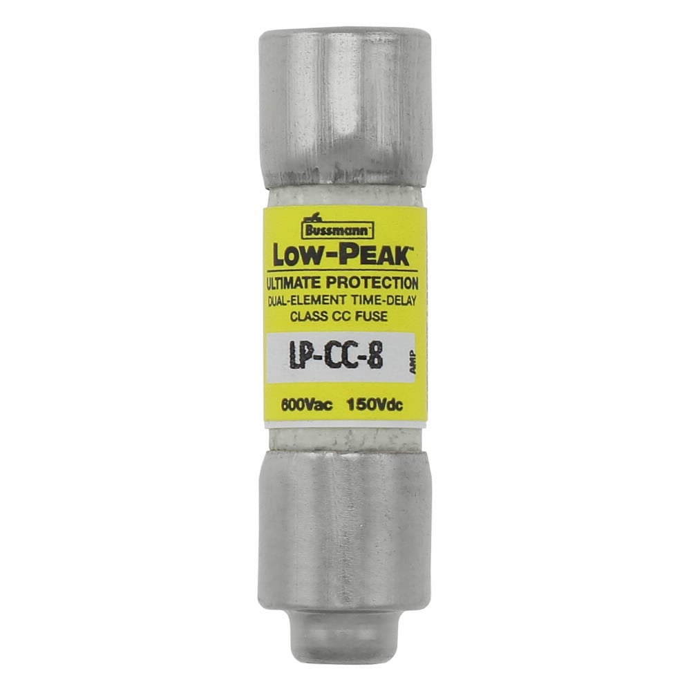 Eaton Bussmann series LP-CC fuse, Current-limiting time-delay fuse, Rejection style, 8 A, Dual, CC, Non-indicating, Ferrule end x ferrule end, 12 sec at 200%, 20 kAIC at 150 Vdc,200 kAIC at 600 V, Melamine tube, Standard, 10, 600 V, 150 Vdc