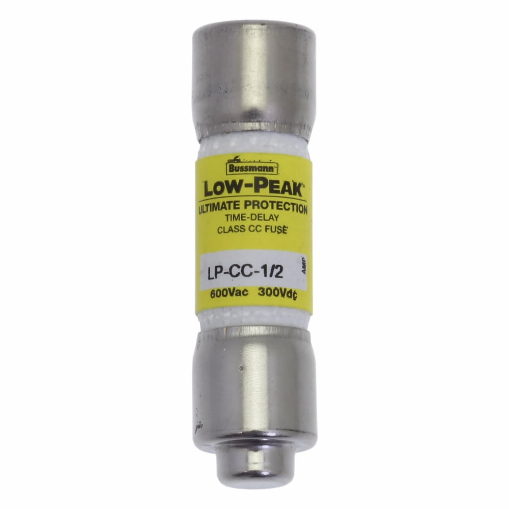 Eaton Bussmann series LP-CC fuse, Current-limiting time-delay fuse, Rejection style, 0.5 A, Dual, CC, Non-indicating, Ferrule end x ferrule end, 12 sec at 200%, 200 kAIC at 600 V,20 kAIC at 300 Vdc, Melamine tube, 10, 600 V, 300 Vdc