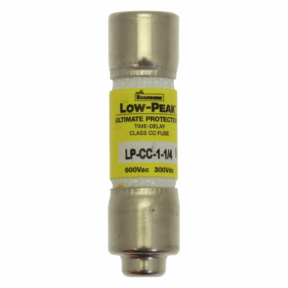 Eaton Bussmann series LP-CC fuse, Current-limiting time-delay fuse, Rejection style, 1.25 A, Dual, CC, Non-indicating, Ferrule end x ferrule end, 12 sec at 200%, 20 kAIC at 300 Vdc,200 kAIC at 600 V, Melamine tube, 10, 600 V, 300 Vdc