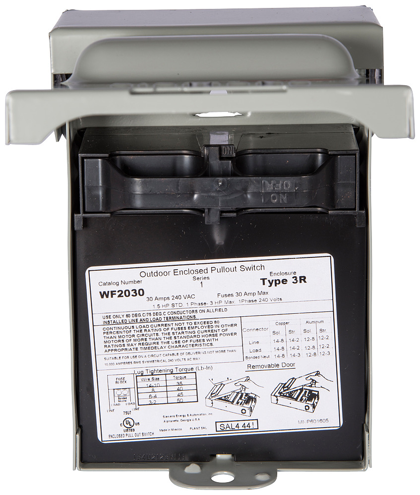 WF2030 Murray Fusible Pullout Air Conditioner Disconnect, 240 VAC, 20 A, 3 hp, 2 Poles