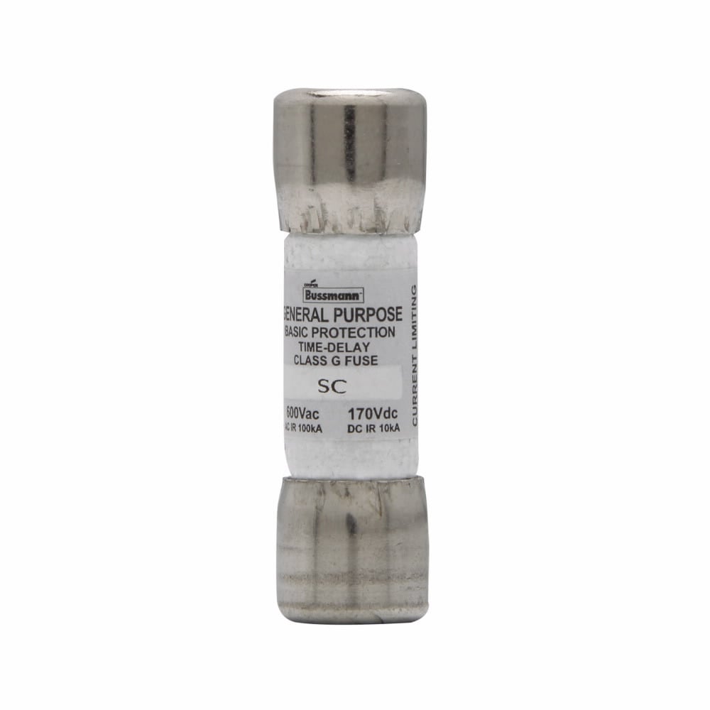 Eaton Bussmann series SC fuse, Current-limiting time-delay fuse, Rejection style, 20 A, Class G, Non-indicating, Ferrule end x ferrule end, 12 sec at 200%, 10 kAIC at 170 Vdc,100 kAIC at 600 Vac, Standard, 600 V, 170 Vdc