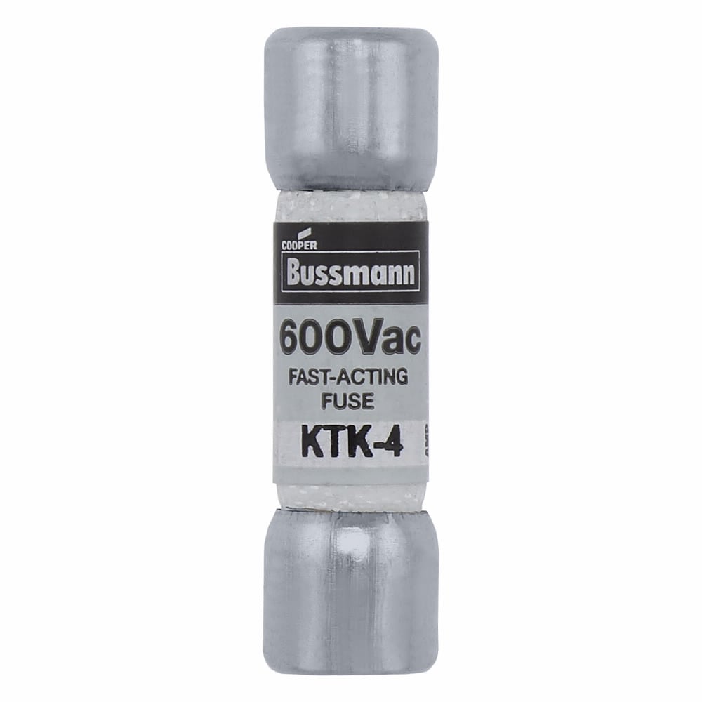 Eaton Bussmann series KTK fuse, LIMITRON Fast-acting fuse, Control circuits, lighting circuit protection, meter circuits, 4 A, Non-indicating, Ferrule end x ferrule end, 100 kAIC at 600 V, Nickel-plated bronze endcap,Melamine tube, 600 V