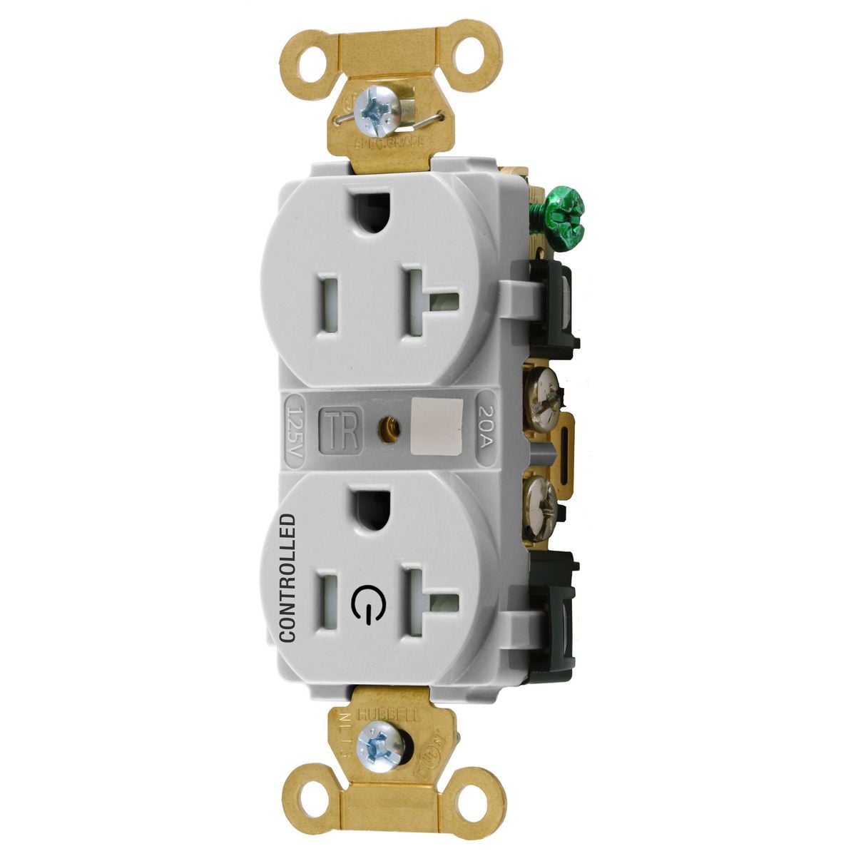 HBL5362C1WHITR Duplex Grounding 1-Controlled Face Split Circuit Hot Tab Tamper-Resistant Straight Blade Receptacle, 125 V AC, 20 A, 2 Poles, 3 Wires, White
