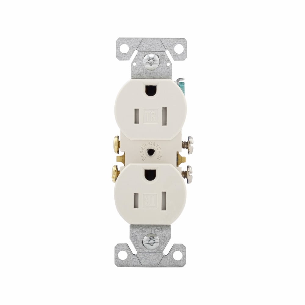 Eaton residential grade duplex receptacle, #14-10 AWG, 15A, Commercial, Residential, Flush, 125V, Side and push, Light almond, Brass, Impact-resistant thermoplastic face, PVC body, 5-15R, Duplex, Screw, Thermoplastic, Core pack