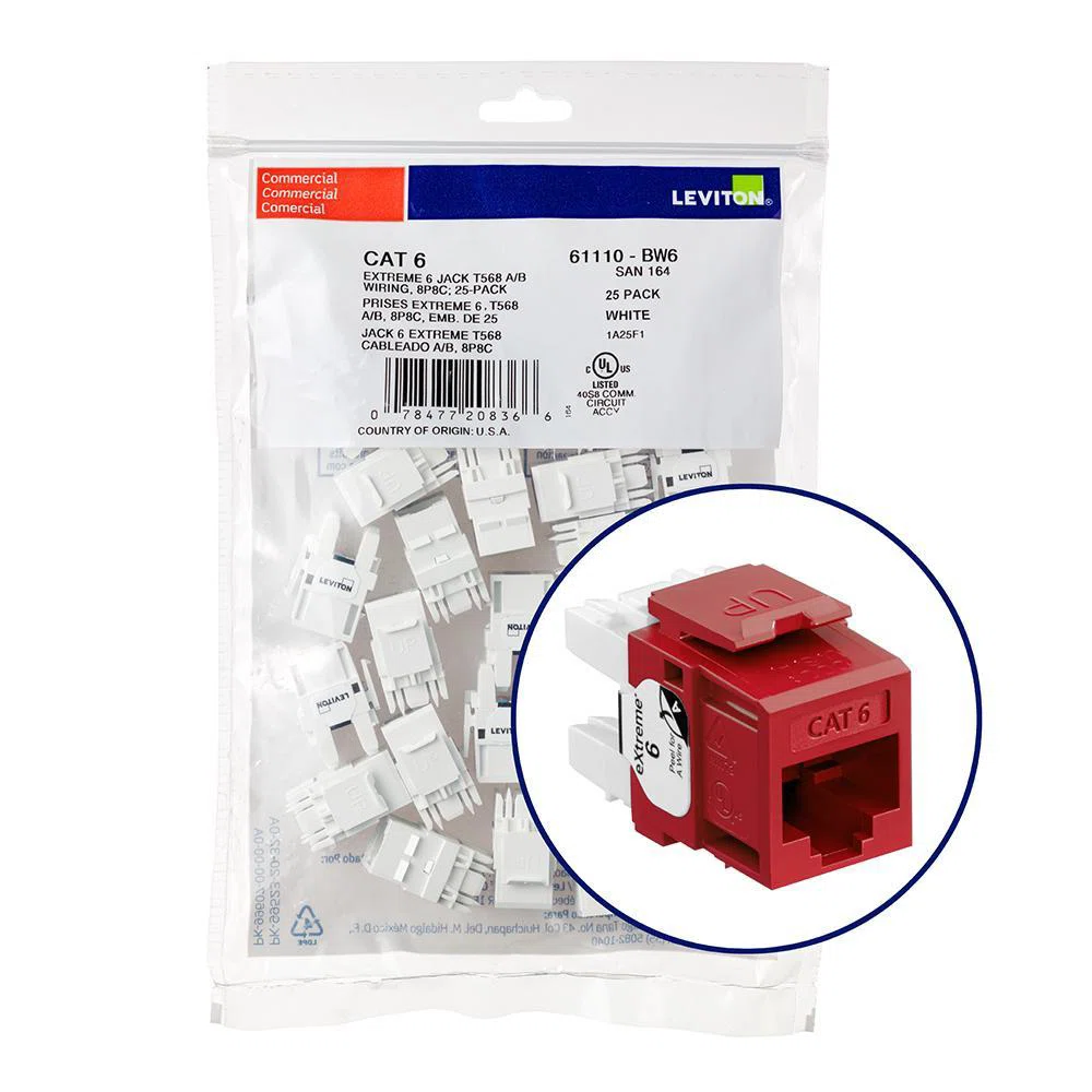 61110-BR6 8-Conductor 8-Position Channel/Component Rated UTP Connector, Cat 6 Module, Panel Mount, 1 Ports, Plastic, Dark Red