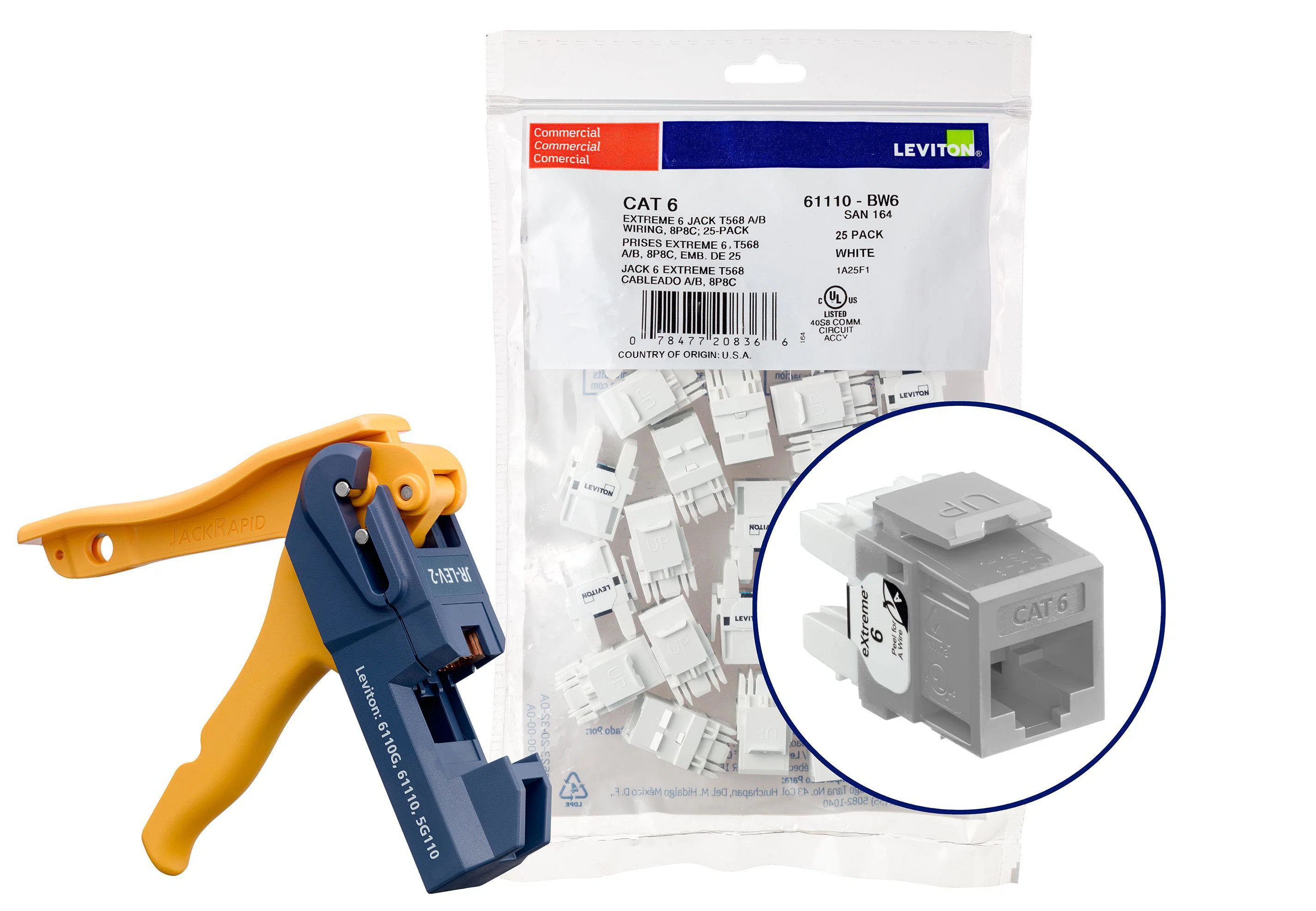 61110-JG6 eXtreme Component Rated UTP Connector With Jack Rapid Tool, Cat 6 Module, Panel Mount, 1 Port, Plastic, Gray