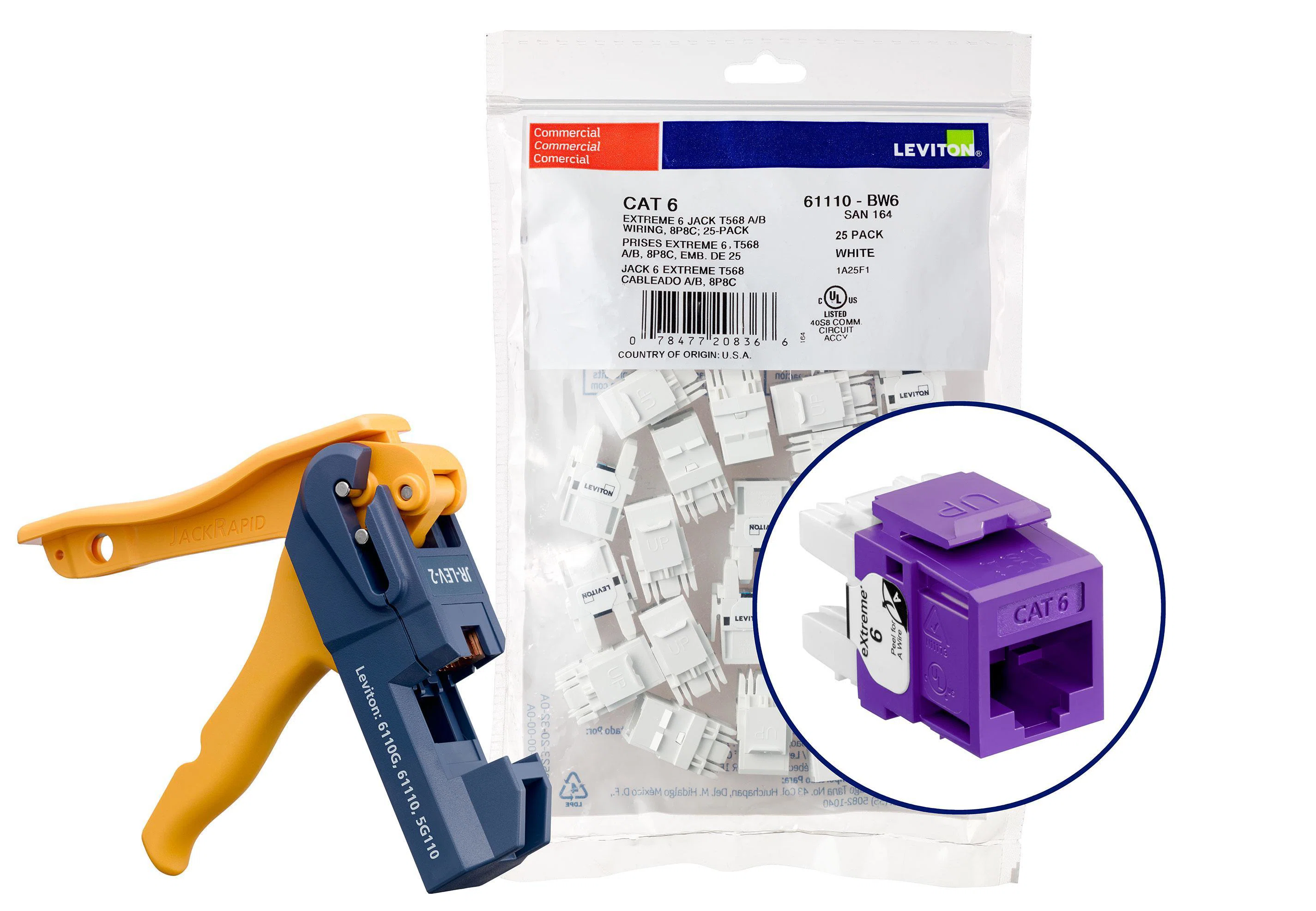 61110-JP6 eXtreme Component Rated UTP Connector With Jack Rapid Tool, Cat 6 Module, Panel Mount, Plastic, Purple