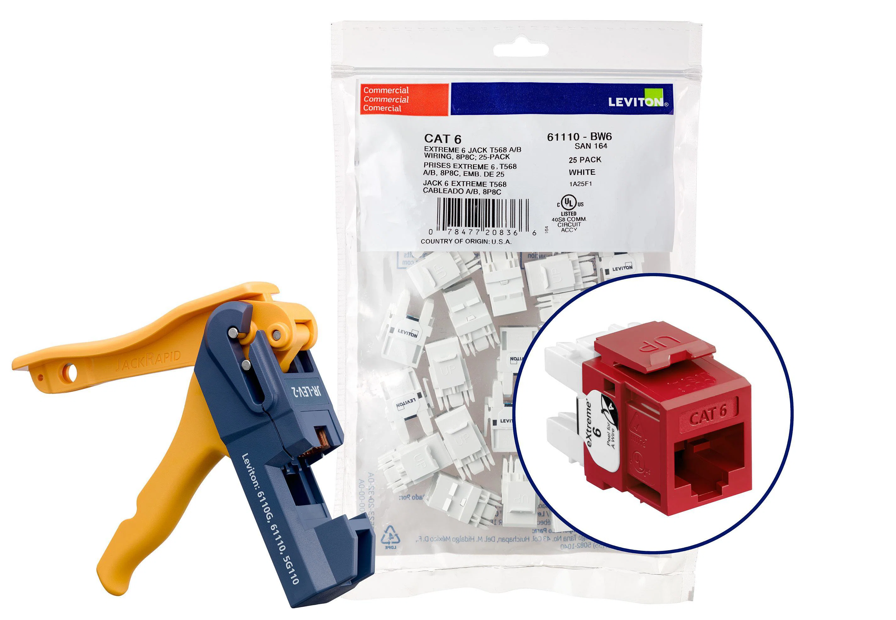 61110-JR6 eXtreme Component Rated UTP Connector With Jack Rapid Tool, Cat 6 Module, Panel Mount, Plastic, Red