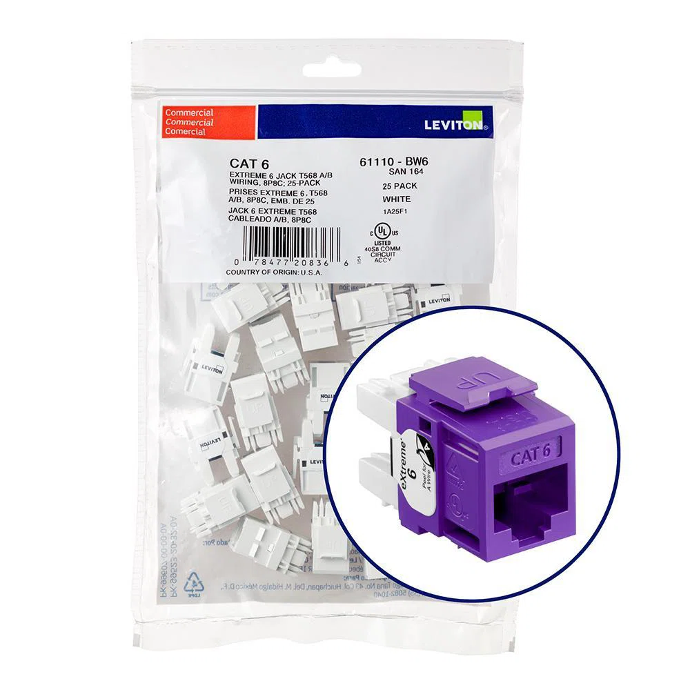 61110-BP6 8-Conductor 8-Position Channel/Component Rated UTP Connector, Cat 6 Module, Panel Mount, 1 Ports, Plastic, Purple