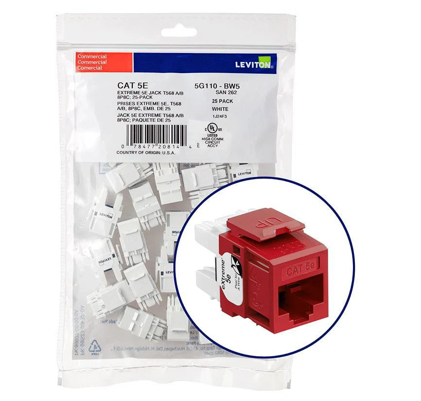 5G110-BR5 8-Conductor 8-Position Component Rated UTP Connector, Cat 5e Module, Panel Mount, 1 Ports, Plastic, Dark Red