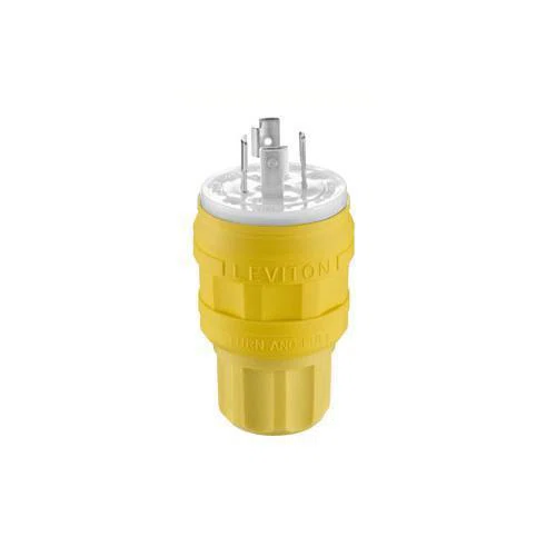 28W77 3-Phase Grounding Watertight Cable Mount Locking Plug, 600 V AC, 30 A, 3 Poles, 4 Wires, Yellow