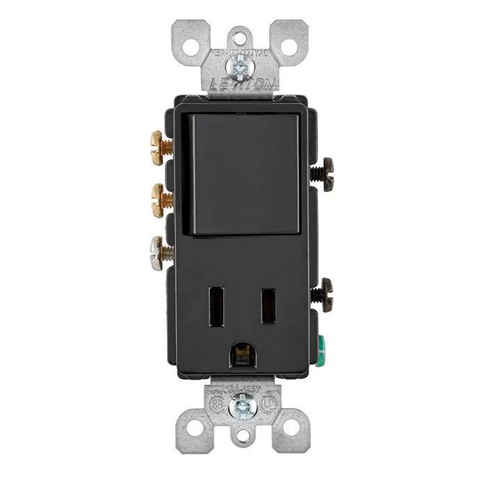 5645-E Decora 3-Way 3-Wire Grounding Combination Switch With Receptacle, 15 A, 120/277 V AC, 1/2 hp at 120 V AC