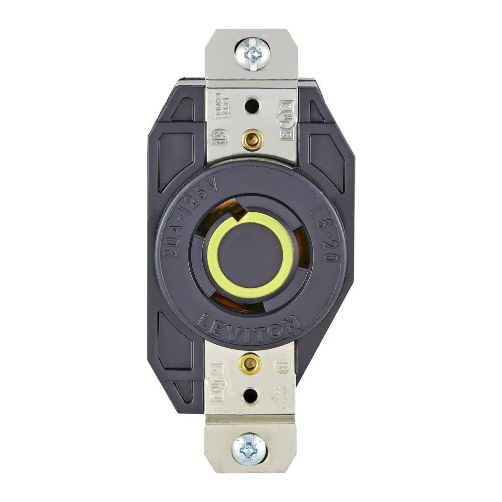 2310 Grounding Locking Receptacle, 125 V AC, 20 A, 2 Poles, 3 Wires, Black