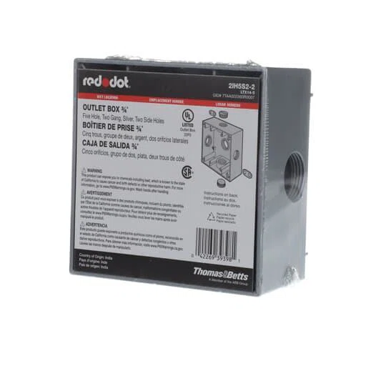 2IH5S2-2 Red Dot Universal Weatherproof Box, Die Cast Aluminum, 31.8 cu-in Capacity, 2 Gangs, 5 Outlets, 4-9/16 in L x 4-5/8 in W x 2-1/16 in D