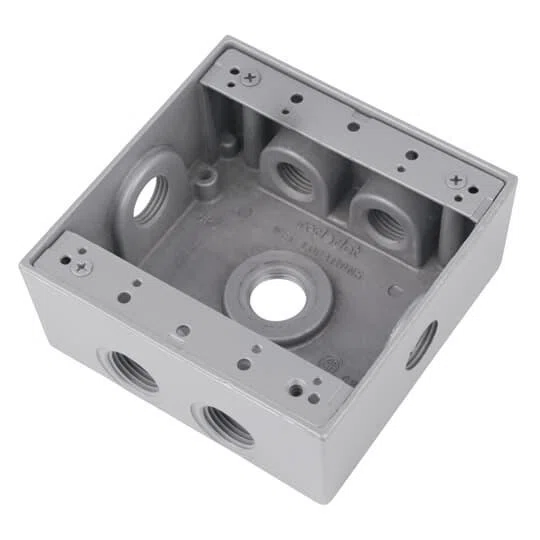 2IH7S2-2 Red Dot Universal Weatherproof Box, Die Cast Aluminum, 31.8 cu-in Capacity, 2 Gangs, 7 Outlets, 4-9/16 in L x 4-5/8 in W x 2-1/16 in D