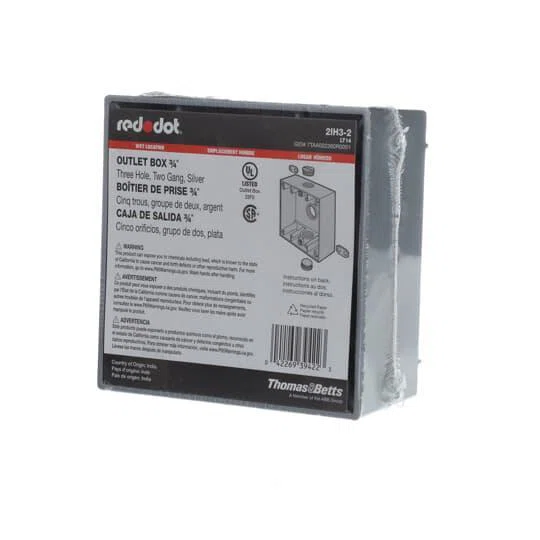 2IH3-2 Red Dot Universal Weatherproof Box, Die Cast Aluminum, 31.8 cu-in Capacity, 2 Gangs, 3 Outlets, 4-9/16 in L x 4-5/8 in W x 2-1/16 in D