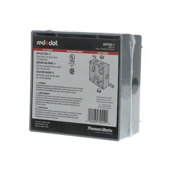 2IH7S2-1 Red Dot Universal Weatherproof Box, Die Cast Aluminum, 31.8 cu-in Capacity, 2 Gangs, 7 Outlets, 4-9/16 in L x 4-5/8 in W x 2-1/16 in D