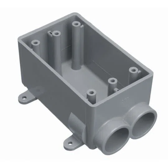 E982DFN Carlon Type FSS Non-Metallic Rigid Shallow Style Device Box, PVC, 18 cu-in Capacity, 1 Gangs, 2 Outlets, 2 Knockouts, 4.54 in L x 2.8 in W x 2.42 in D