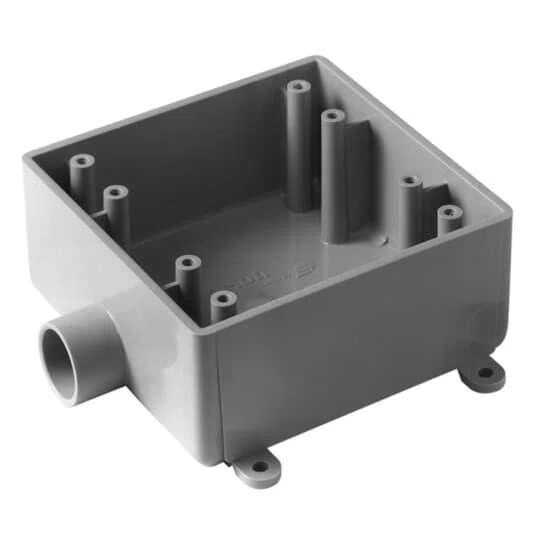 E9802F Carlon F Series Type 2FSE Rigid Shallow Style Device Box, PVC, 32 cu-in, 2 Gangs, 1 Outlet, 1 Knockout, 4.62 in L x 4.62 in W x 1.98 in D