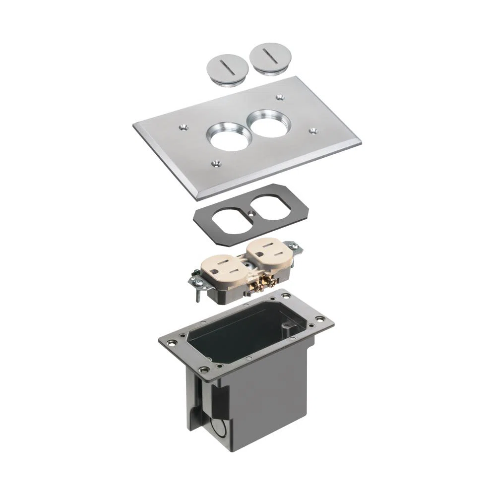 FLBR101NL Adjustable Floor Box With (2) Threaded Plugs, Plastic, 20 cu-in Capacity, 1 Gangs, 6.5 in L x 4.125 in W x 3.738 in H