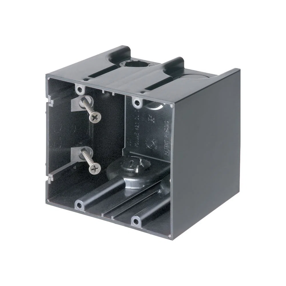 F102 One-Box Versatile Outlet Box With (2) Captive Screws and (1) Knockout, Plastic, 42 cu-in Capacity, 2 Gangs, 2 Outlets, 4.11 in L x 3.74 in W x 3.51 in H