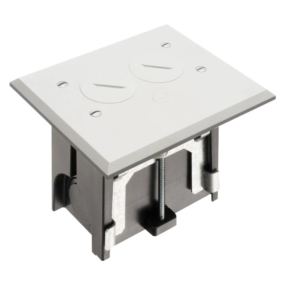 FLBA101W Adjustable Floor Box With (2) Threaded Plugs, Plastic, 18.3 cu-in Capacity, 1 Gangs, 5.155 in L x 4.25 in W x 4.031 in H