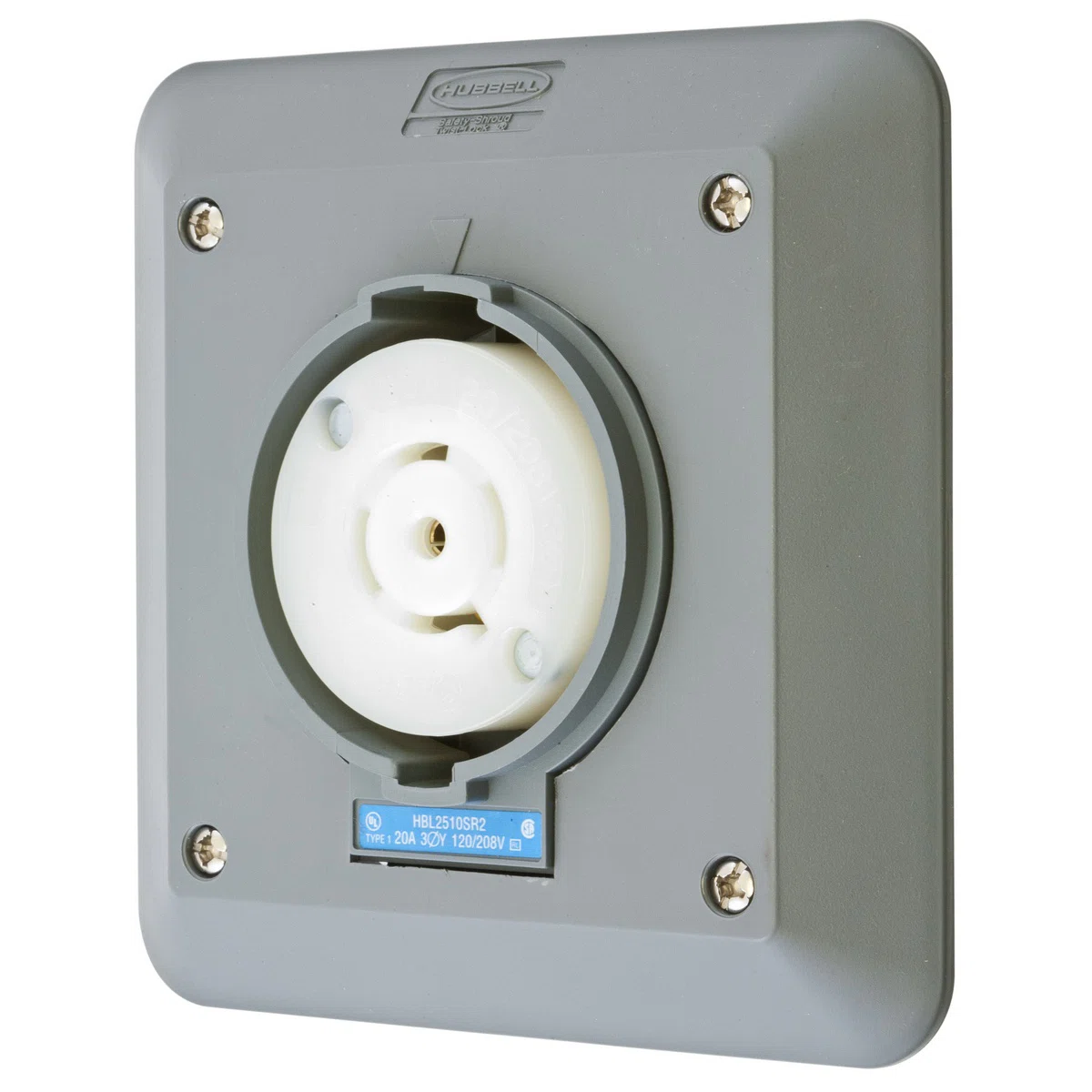 HBL2510SR2 3-Phase 2-Gang Heavy Duty Grounding Standard Single Semi-Flush Surface Mount Locking Receptacle, 120/208 V AC, 20 A, 4 Poles, 5 Wires, Gray/White