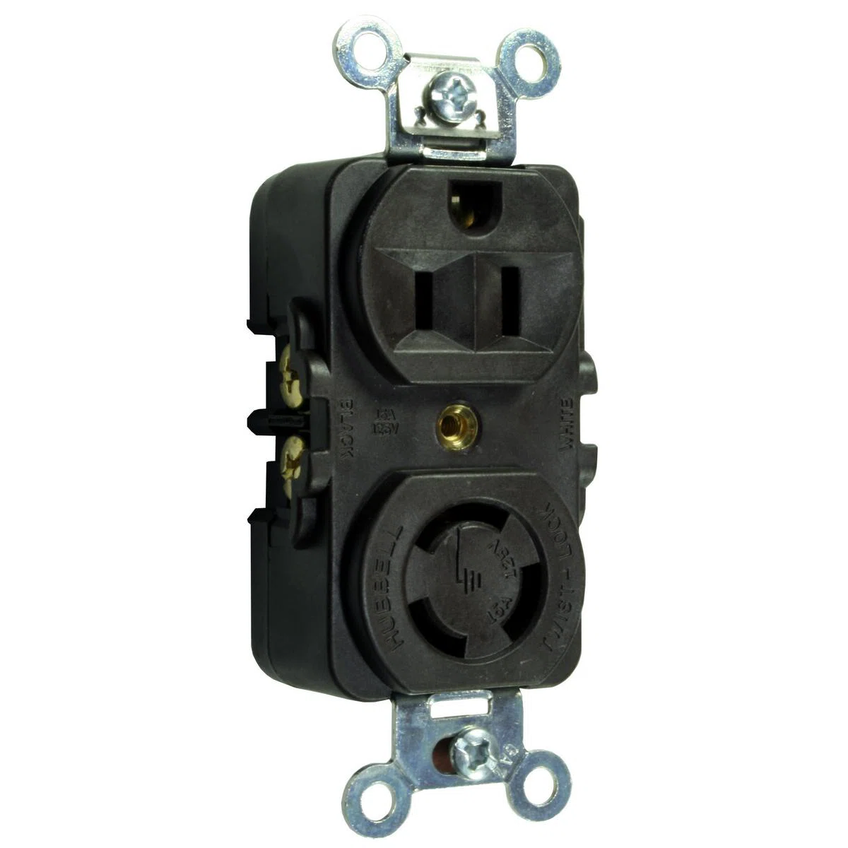 HBL7371 1-Phase 2-Feed 1-Return Combination Duplex Grounding Standard Locking Receptacle, 125/250 V, 15 A, 2 Poles, 3 Wires, Brown