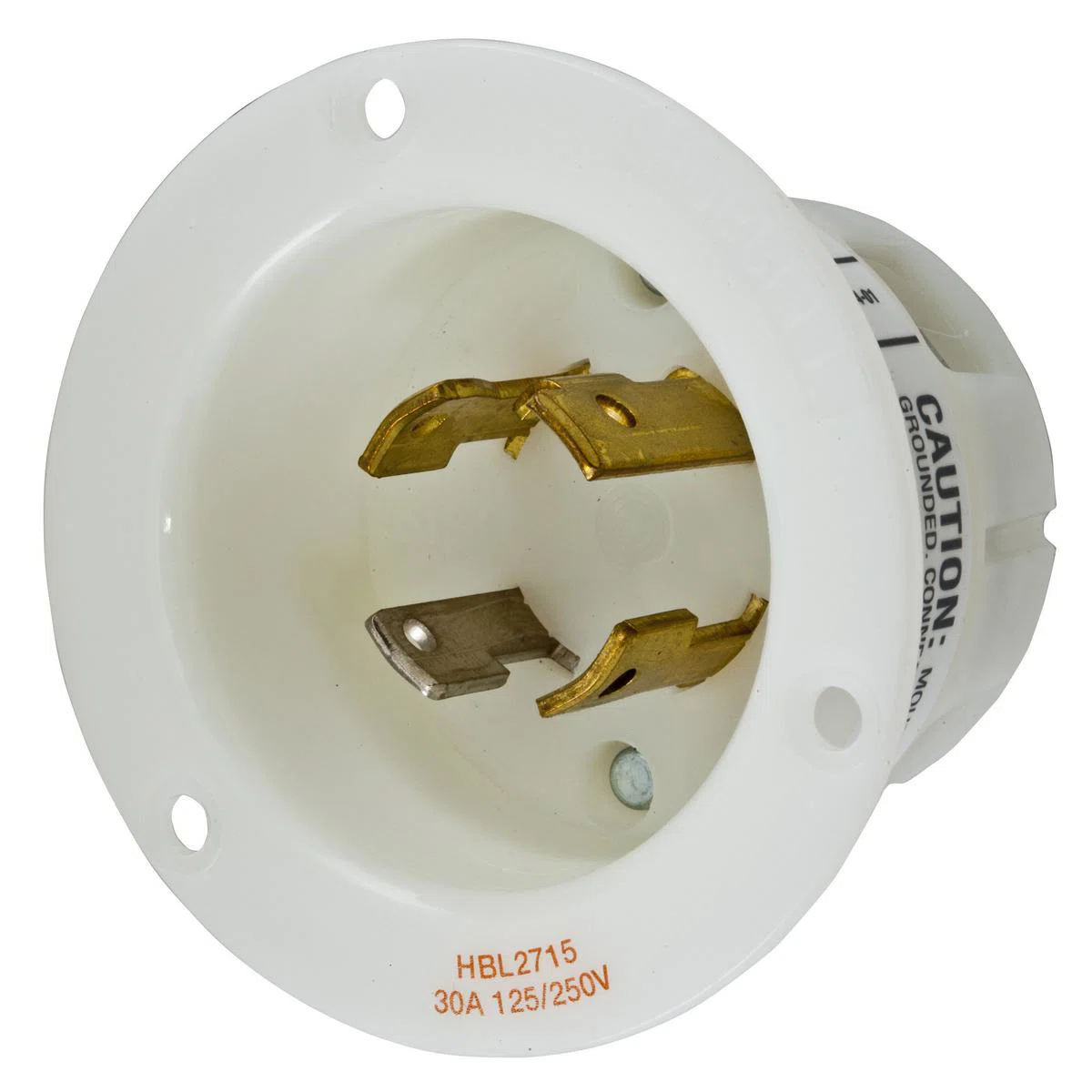 HBL2715 1-Phase Extra Heavy Duty Grounding Screw Mount Locking Flanged Inlet With Mounting Screw, 125/250 V AC, 30 A, 3 Poles, 4 Wires, White