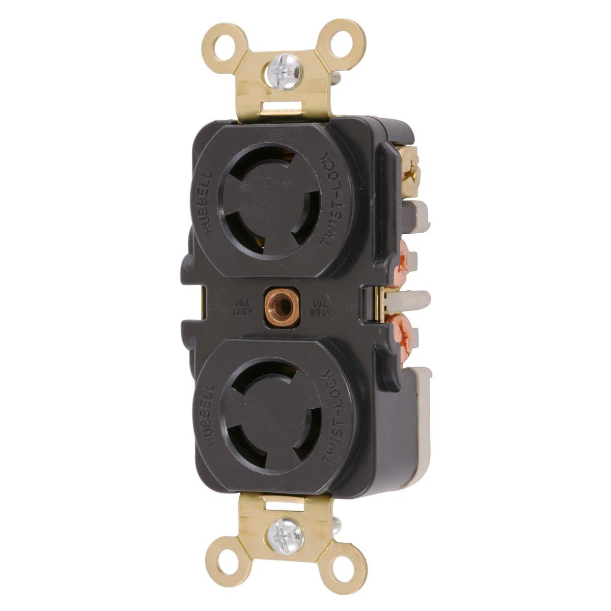 HBL7580 1-Phase Duplex Heavy Duty Non-Grounding Midget Standard Screw Mount Locking Receptacle, 125/250 V AC, 10/15 A, 3 Poles, 3 Wires, Black