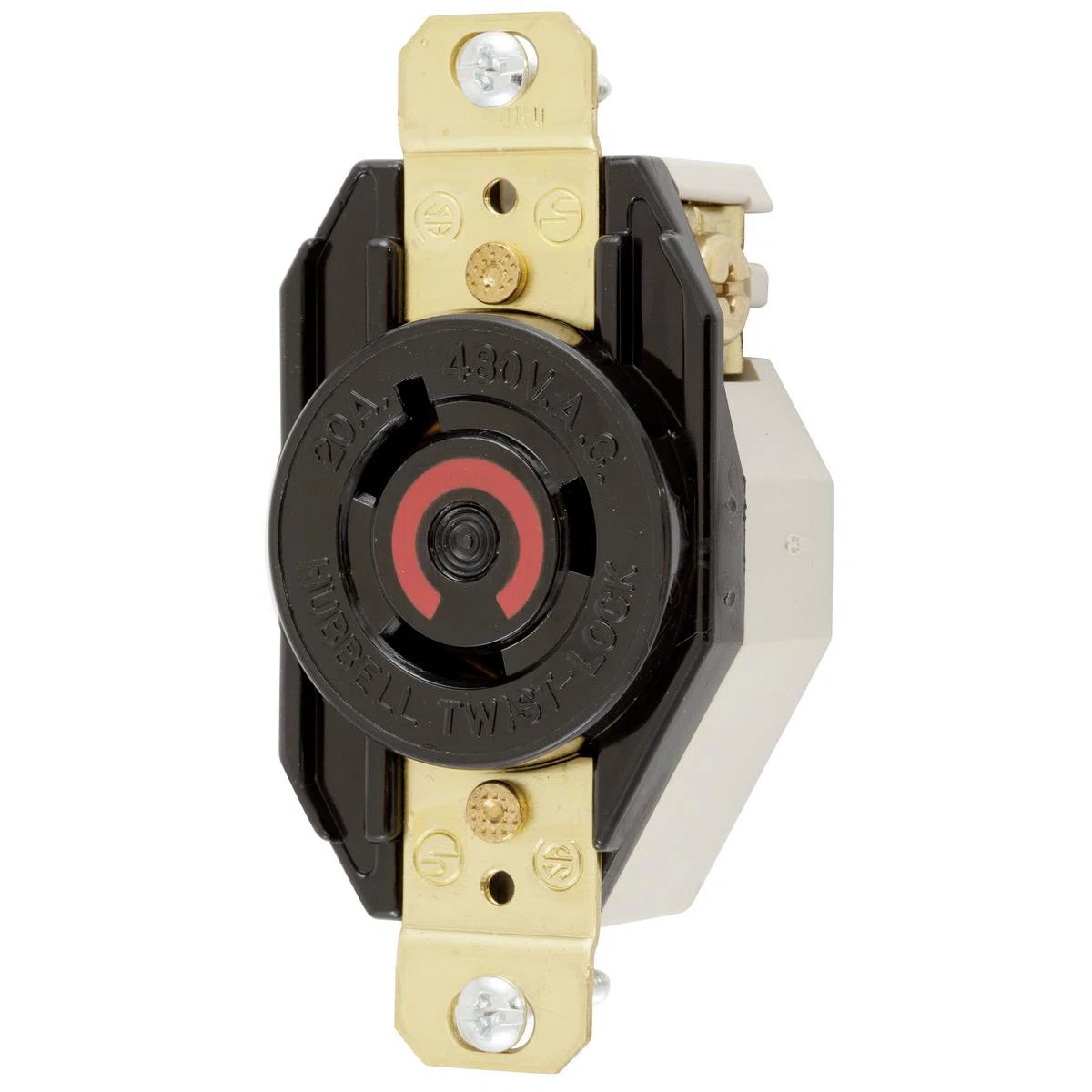 HBL2340 HBL 1-Phase Heavy Duty Single Screw Mount Locking Receptacle, 480 V AC, 20 A, 2 Poles, 3 Wires, Black