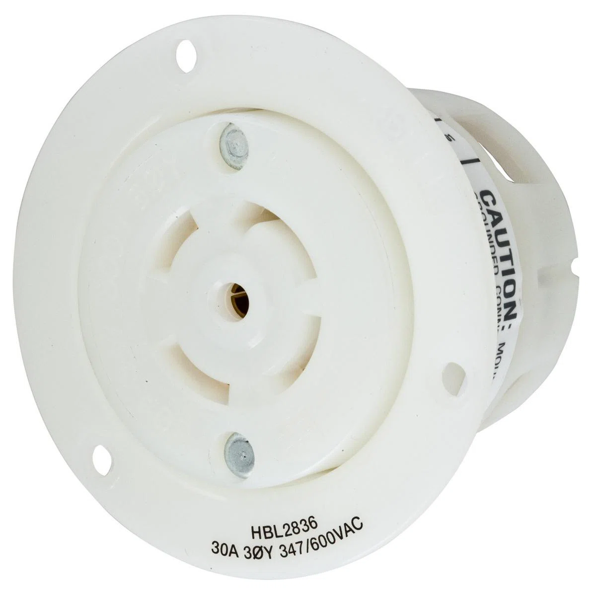 HBL2836 3-Phase Flanged Standard Single Screw Mount Locking Receptacle, 30 A, 4 Poles, 5 Wires, White