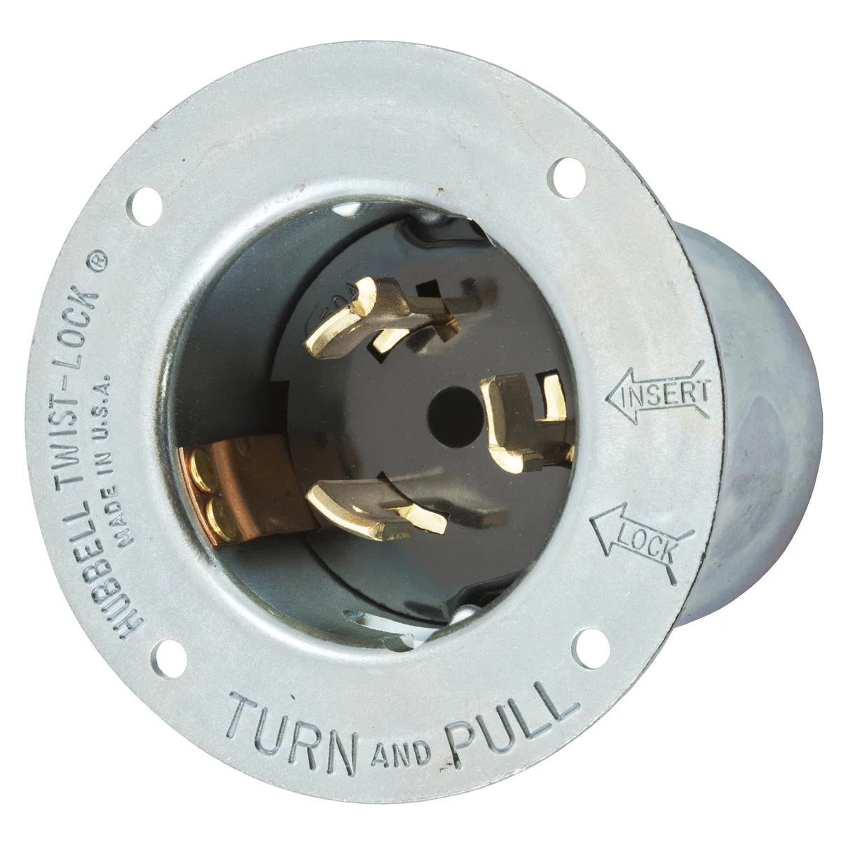 CS8175 3-Phase Extra Heavy Duty Grounding Standard Screw Mount Locking Flanged Inlet, 480 V AC, 50 A, 3 Poles, 4 Wires, Metallic