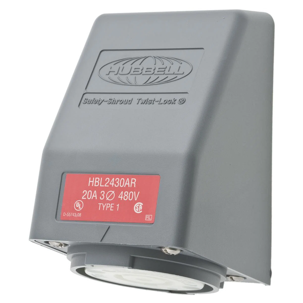 HBL2430AR HBL 3-Phase Heavy Duty Single Screw Mount Locking Receptacle, 480 V AC, 20 A, 3 Poles, 4 Wires, Gray/White