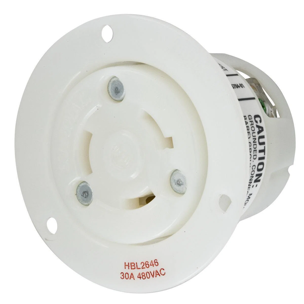 HBL2646 1-Phase Flanged Standard Single Screw Mount Locking Receptacle, 480 V AC, 30 A, 2 Poles, 3 Wires, White
