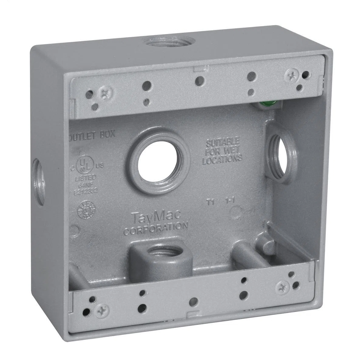 DB550XS X-Pattern Weatherproof Outlet Box With Side Lugs, Die Cast Metal, 32 cu-in Capacity, 2 Gangs, 5 Outlets, 4-1/2 in L x 4-1/2 in W x 2 in D