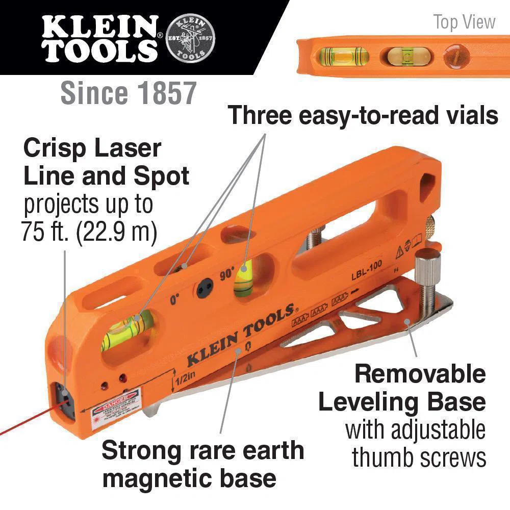 LBL100 Laser Level With Bubble Vial, 0.043 deg Vials, +/-0.02 in Spot at 39.4 in From Level Accuracy, 1 Beams, AAA Battery